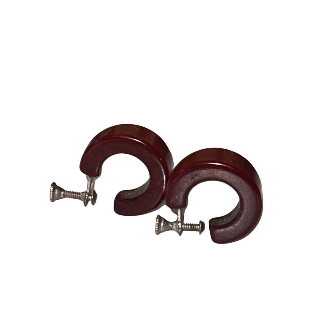Vintage Dark Red Bakelite Chunky Screw Back Huggie Hoop Earrings 1960s Mod